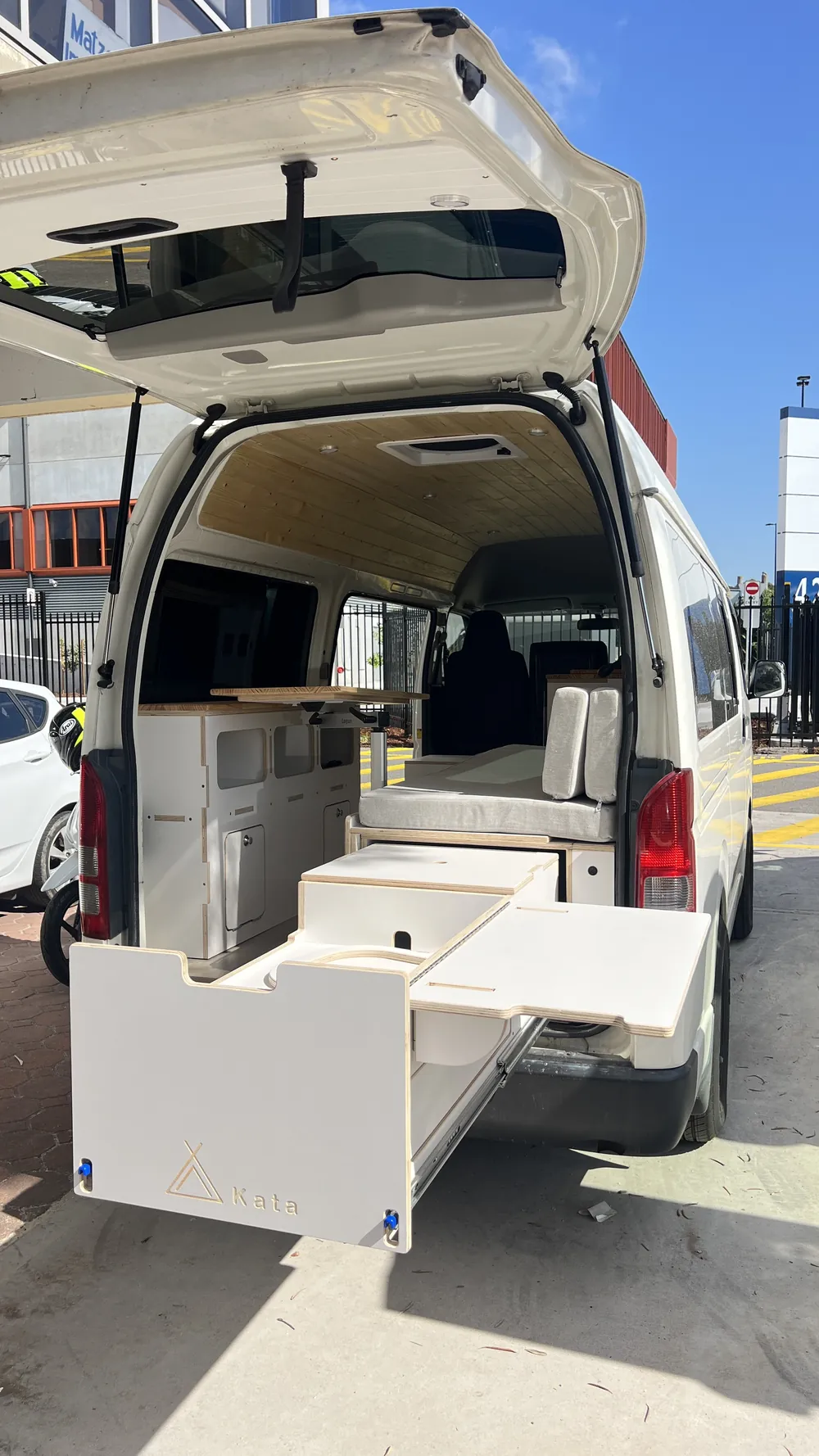 Kata Surfbox kit kitchen extended in a Toyota Hiace