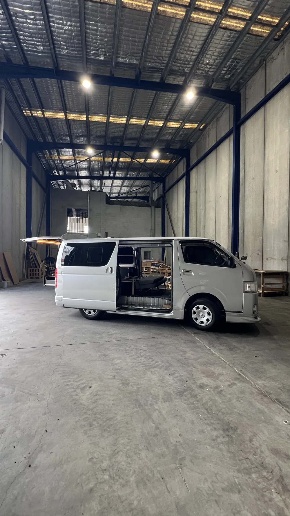 White Toyota Hiace conversion at the Matraville workshop