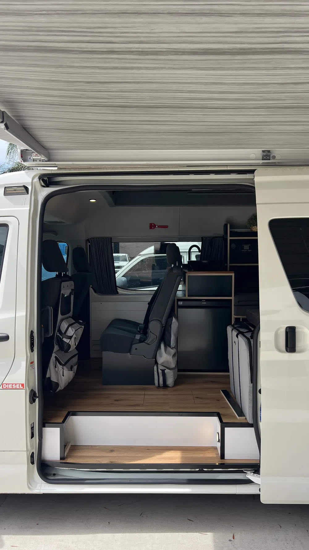 Toyota Hiace interior — kitchen bench and seating