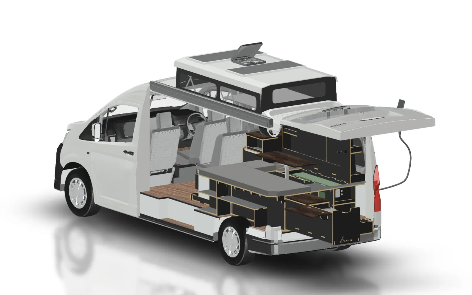 3D render of a Kata Hiace flagship build — pop-top raised, awning and kitchen extended