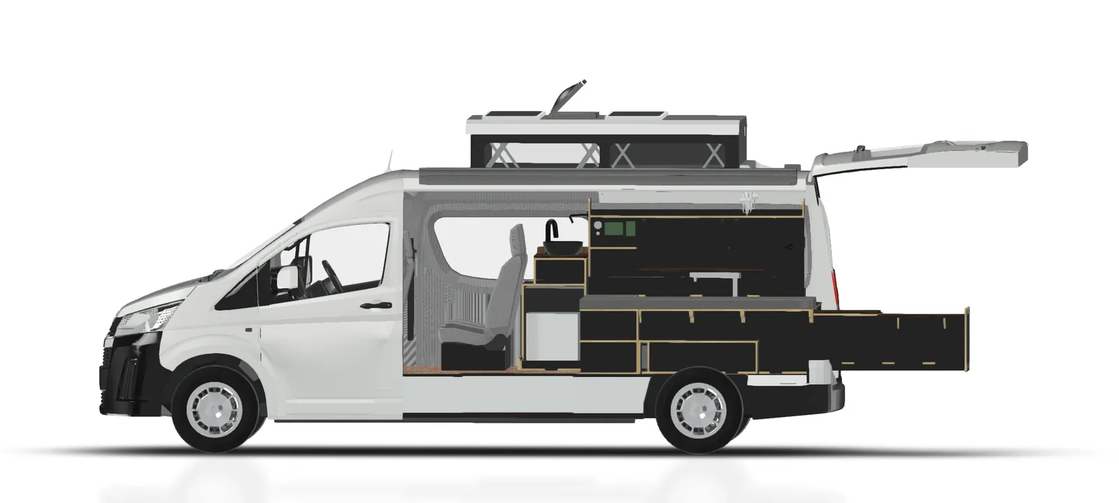 3D render of a Kata Hiace flagship build — side profile with pop-top raised