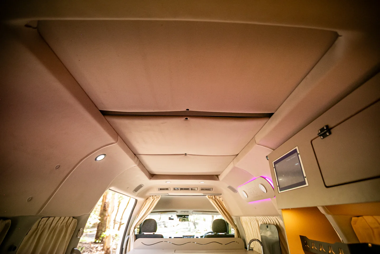 Pop-top headliner and cabin from below