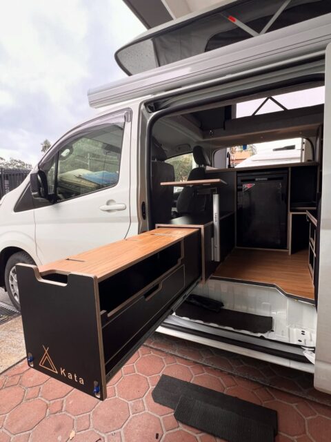Exclusive Design- Toyota Hiace H300 

Full-height side wall cabinet packed with shelves and doors from floor to ceiling plus vanbox features with a L shape kitchen module 

#katahiace #toyotahiace 

Add ons
Full water system tap, 43l tank 
Shoes Storage
Potti Storage
POP Top that increase your headroom
